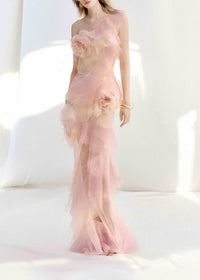 Frymet Floral-Embellished Ombré Pink Ruffled Maxi Dress