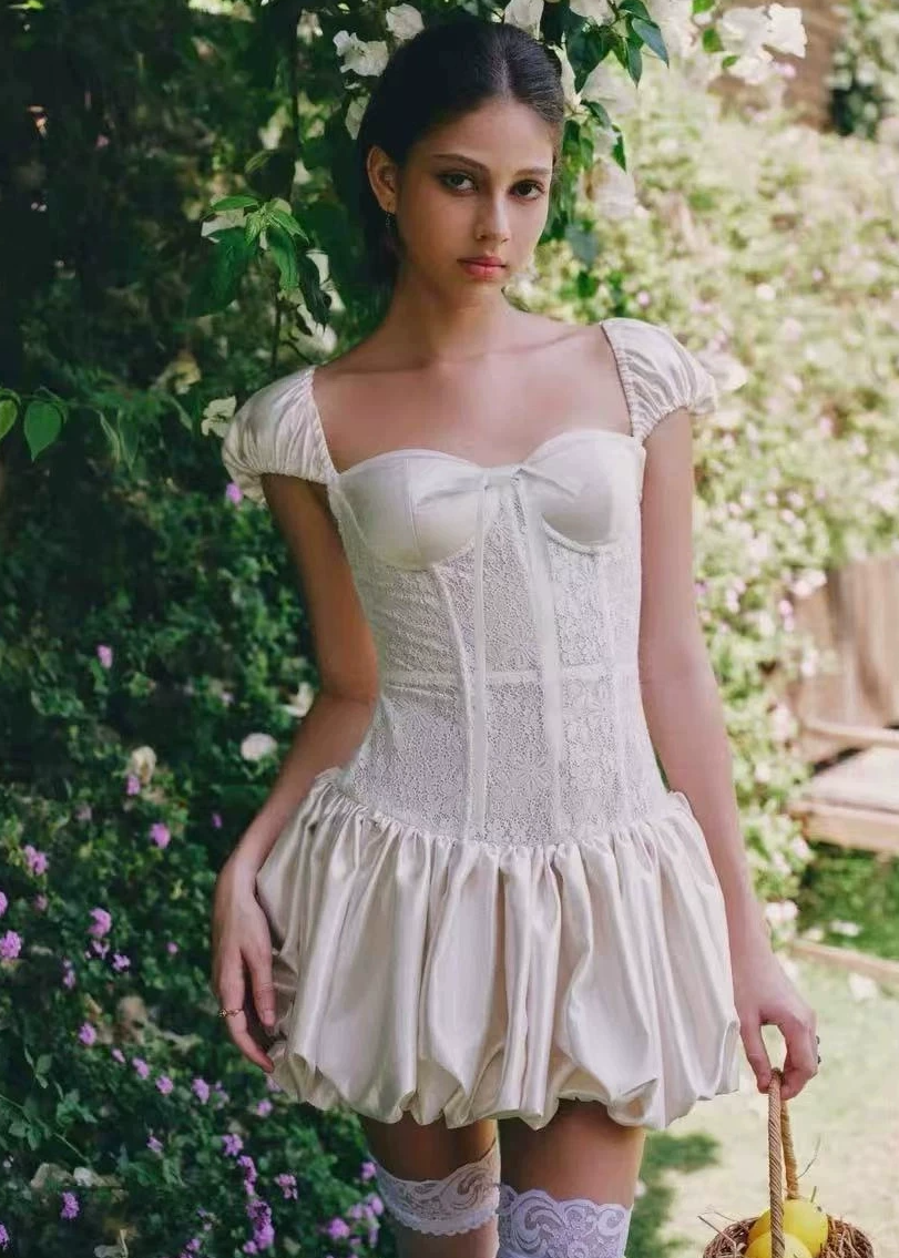 Quvion White Lace Panel Satin Mini Dress