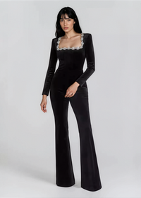 Kellie Long Sleeve Crystal Neckline Jumpsuit In Black