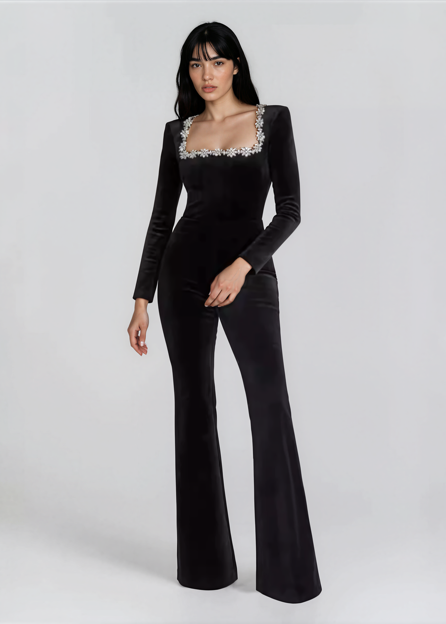 Kellie Long Sleeve Crystal Neckline Jumpsuit In Black