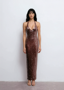 Uryxan Halter Sequin Bustier Maxi Dress In Brown
