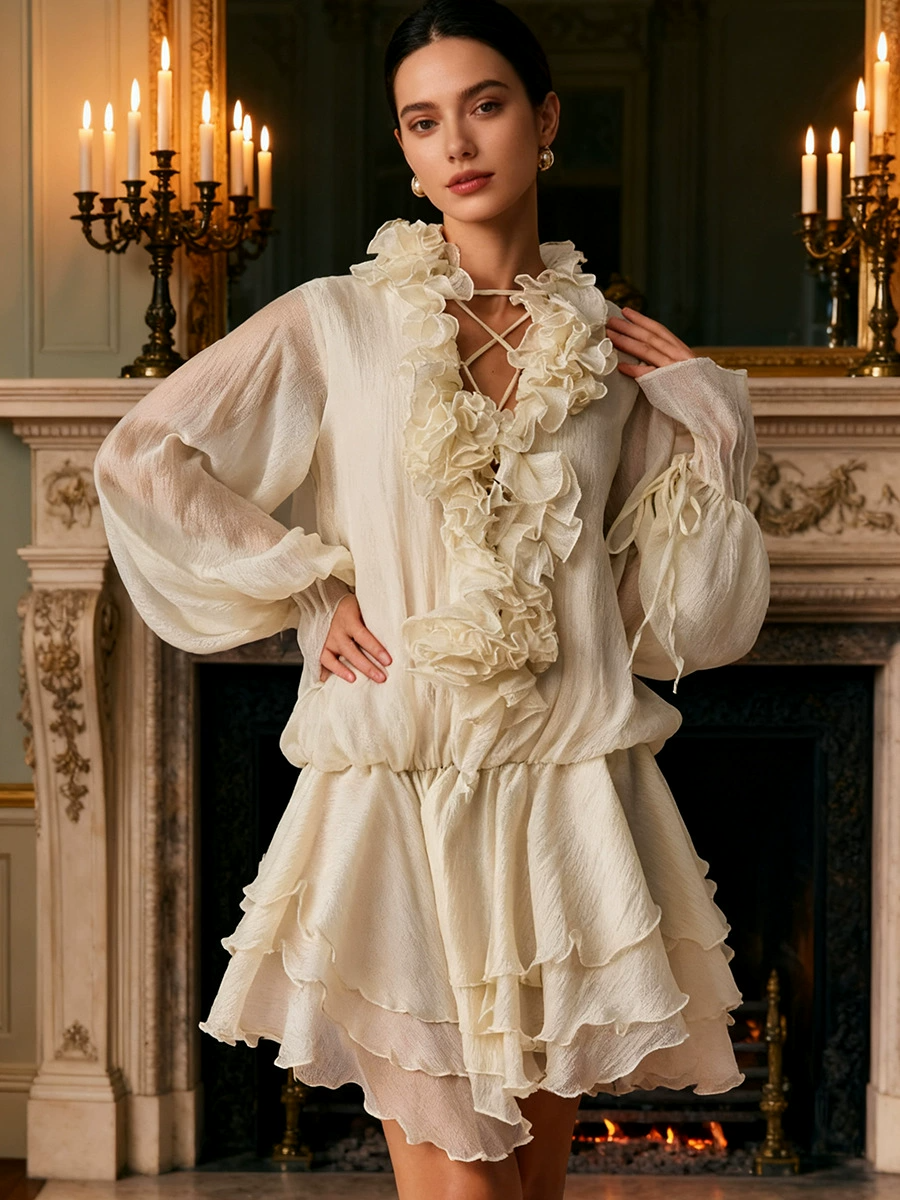Capriana Floral-Appliqué Tiered Mini Dress In Neutrals