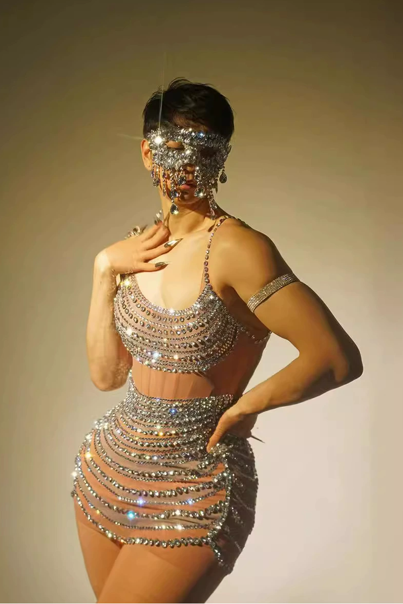 Lunexra Scoop Neck Rhinestone Mesh Mini Dress