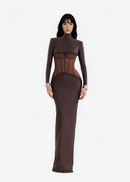 Jaelthis Long Sleeve Structured Mesh Maxi Dress In Brown