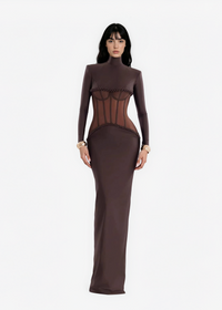 Jaelthis Long Sleeve Structured Mesh Maxi Dress In Brown