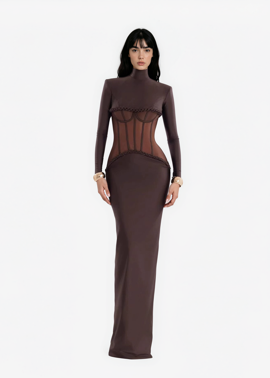 Jaelthis Long Sleeve Structured Mesh Maxi Dress In Brown