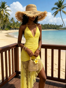Iovrek Yellow Halter Neck Lace Maxi Dress