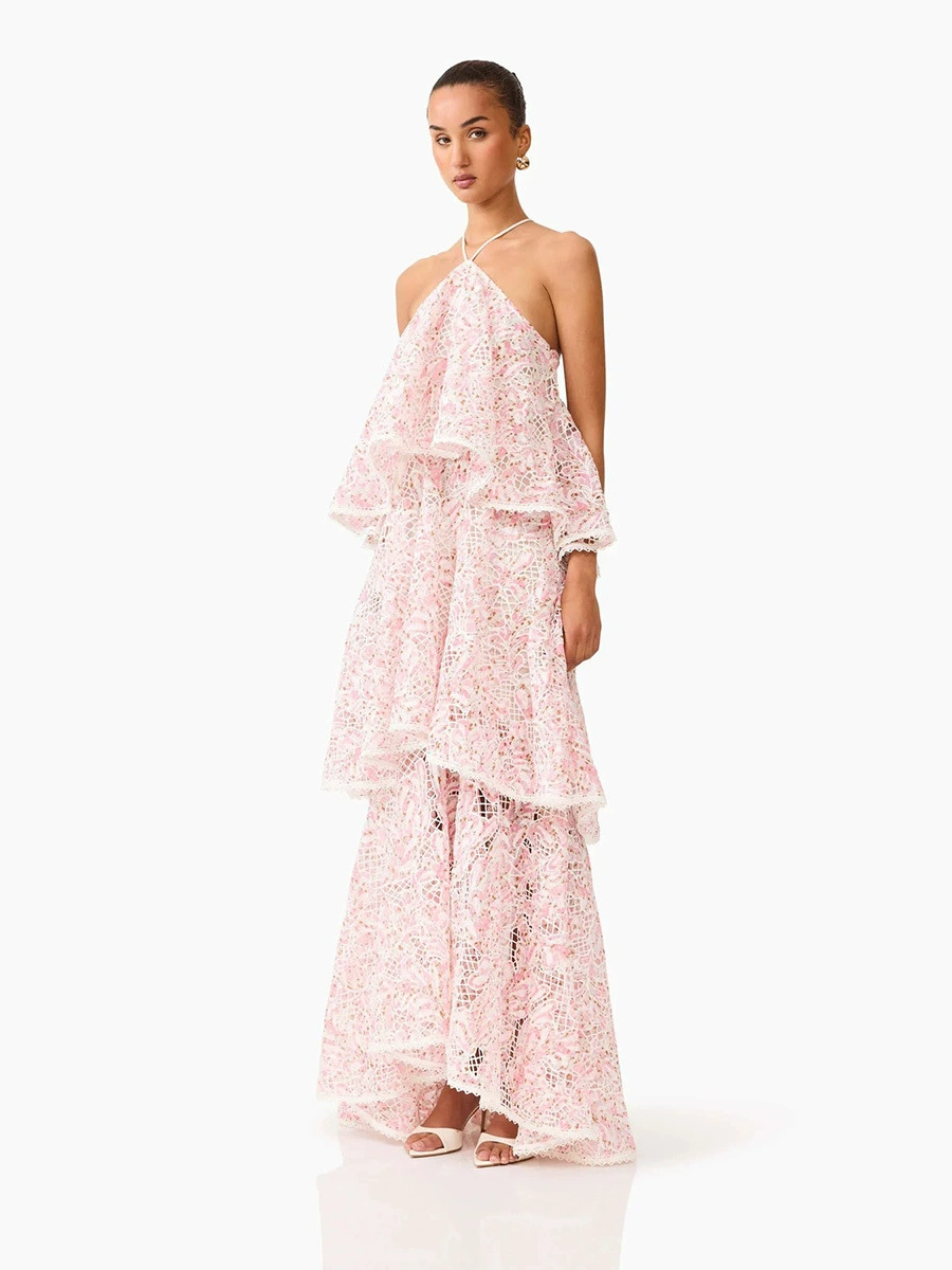 Dervian Pink Halterneck Lace Maxi Dress