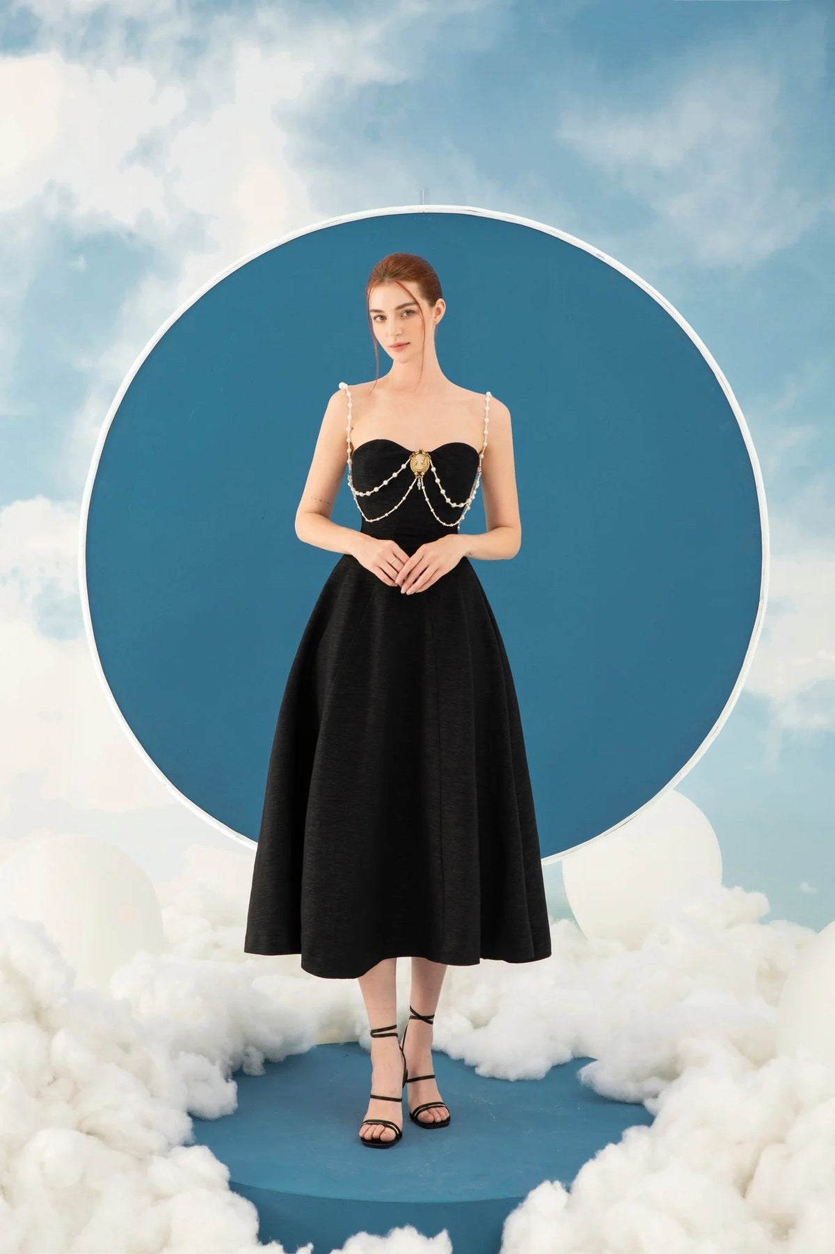 Ashur Pearl Detail A Line Midi Dress In Black