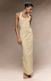 Revelle Halter Button Detail Maxi Dress In Ivory