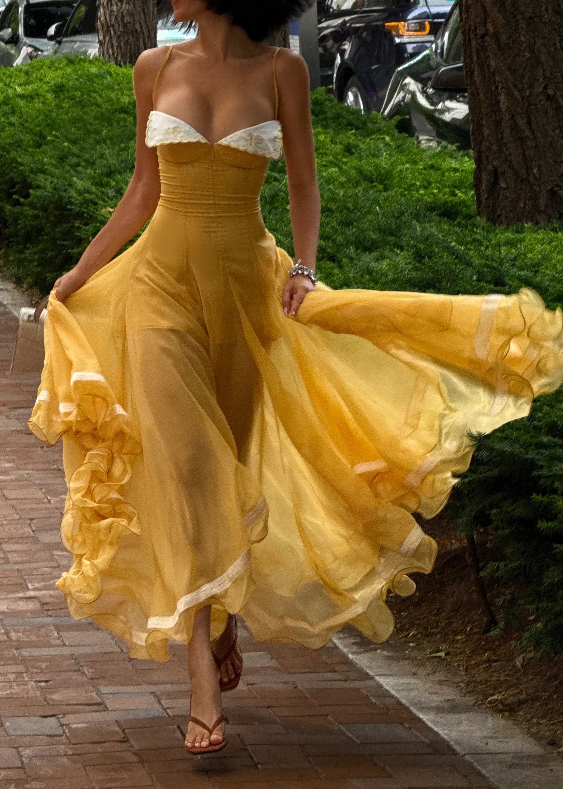 Haidi Spaghetti Mesh Ruffle Maxi Dress In Yellow