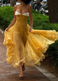 Haidi Spaghetti Mesh Ruffle Maxi Dress In Yellow
