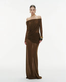Cryxel Off-Shoulder Draped Mesh Maxi Dress In Brown