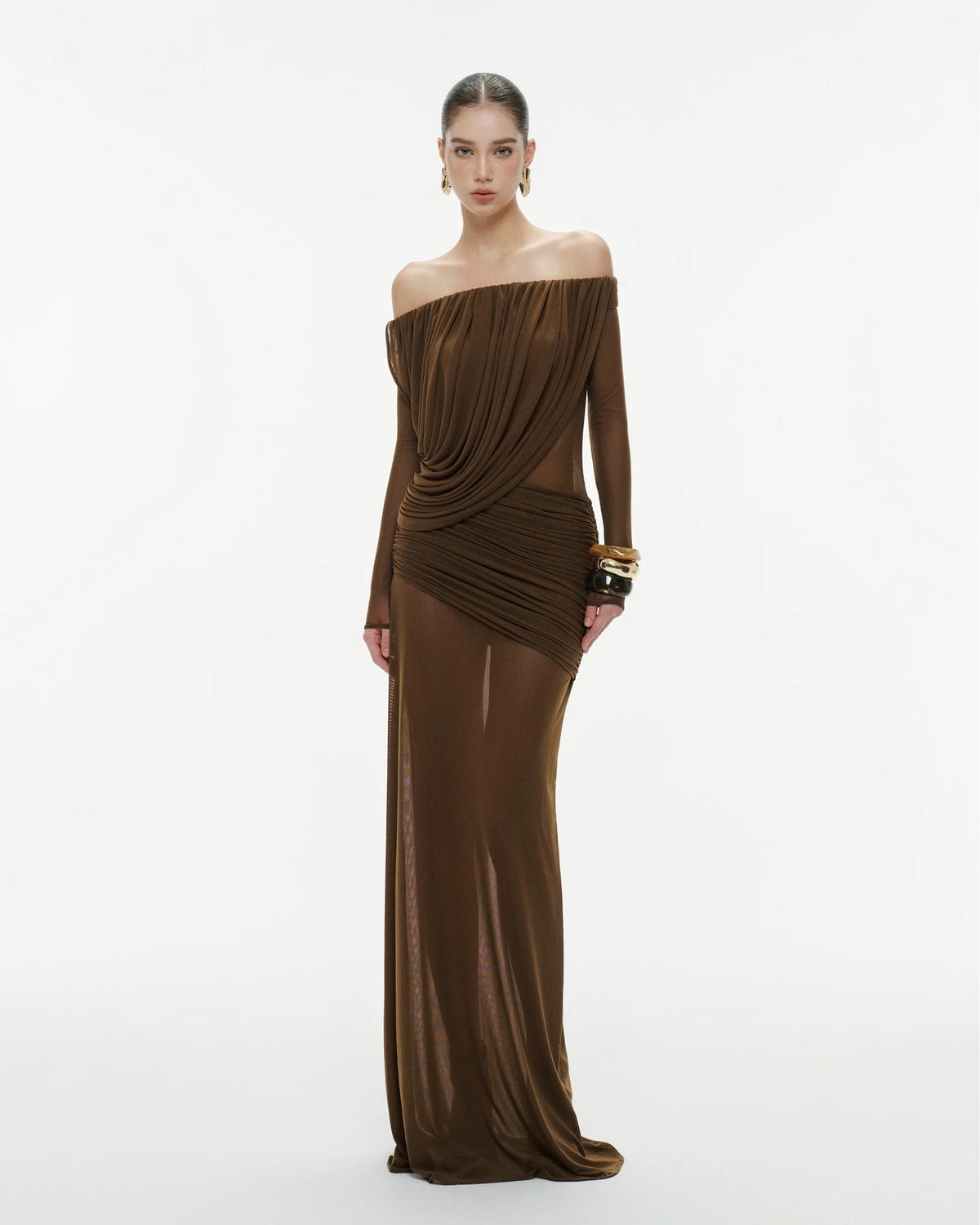 Cryxel Off-Shoulder Draped Mesh Maxi Dress In Brown