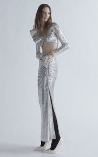 Aksel Long Sleeve Sequin Maxi Two Piece Dress In Silver