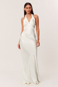 Jovyna White Lace Panel Satin Maxi Dress