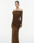 Cryxel Off-Shoulder Draped Mesh Maxi Dress In Brown