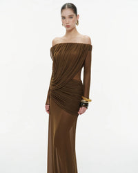 Cryxel Off-Shoulder Draped Mesh Maxi Dress In Brown