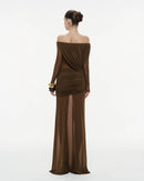 Cryxel Off-Shoulder Draped Mesh Maxi Dress In Brown