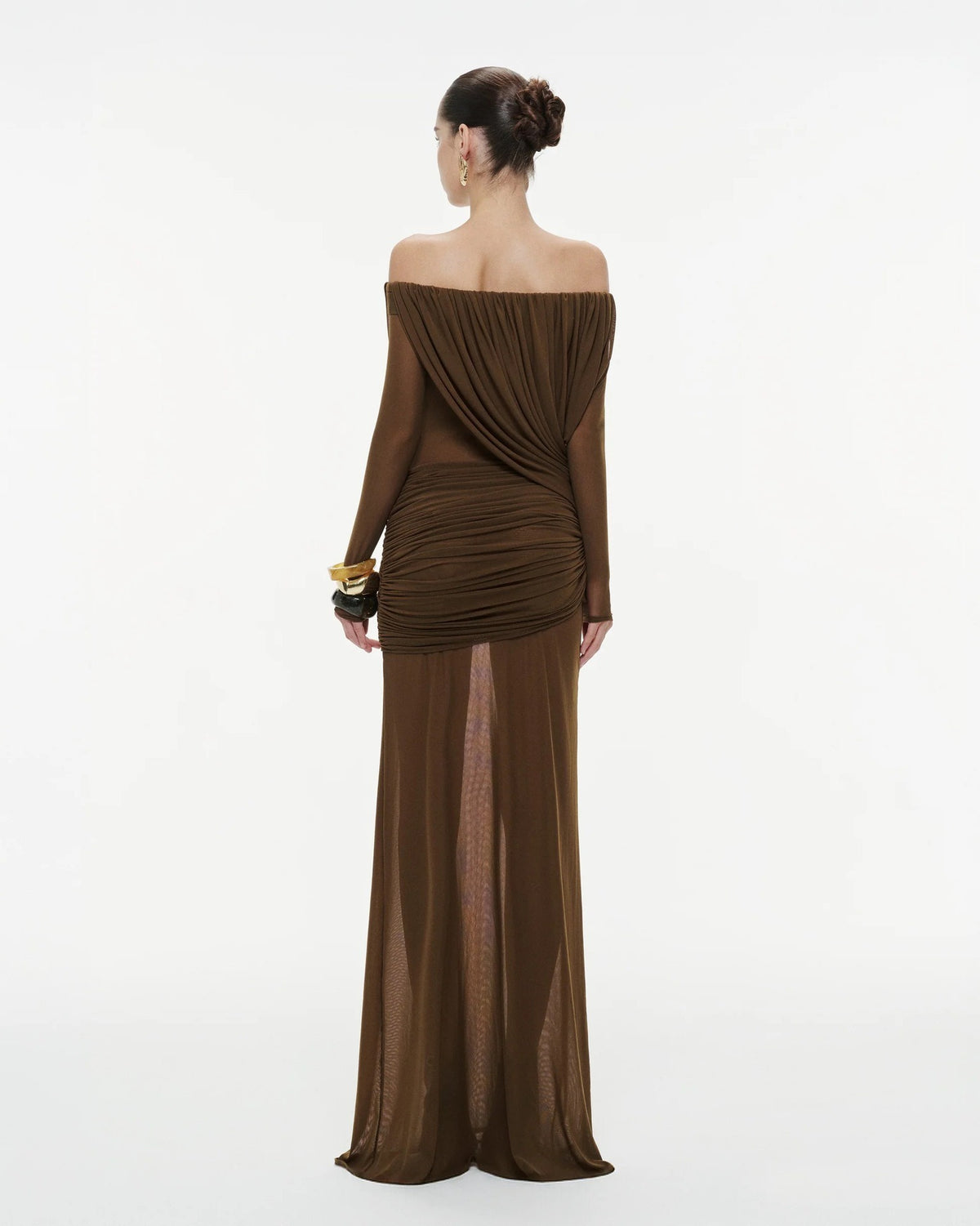 Cryxel Off-Shoulder Draped Mesh Maxi Dress In Brown