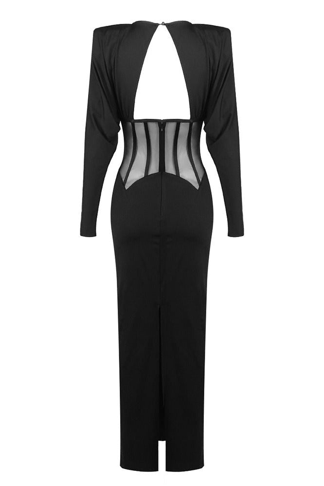 Burton Long Sleeve Structured Mesh Maxi Dress In Black