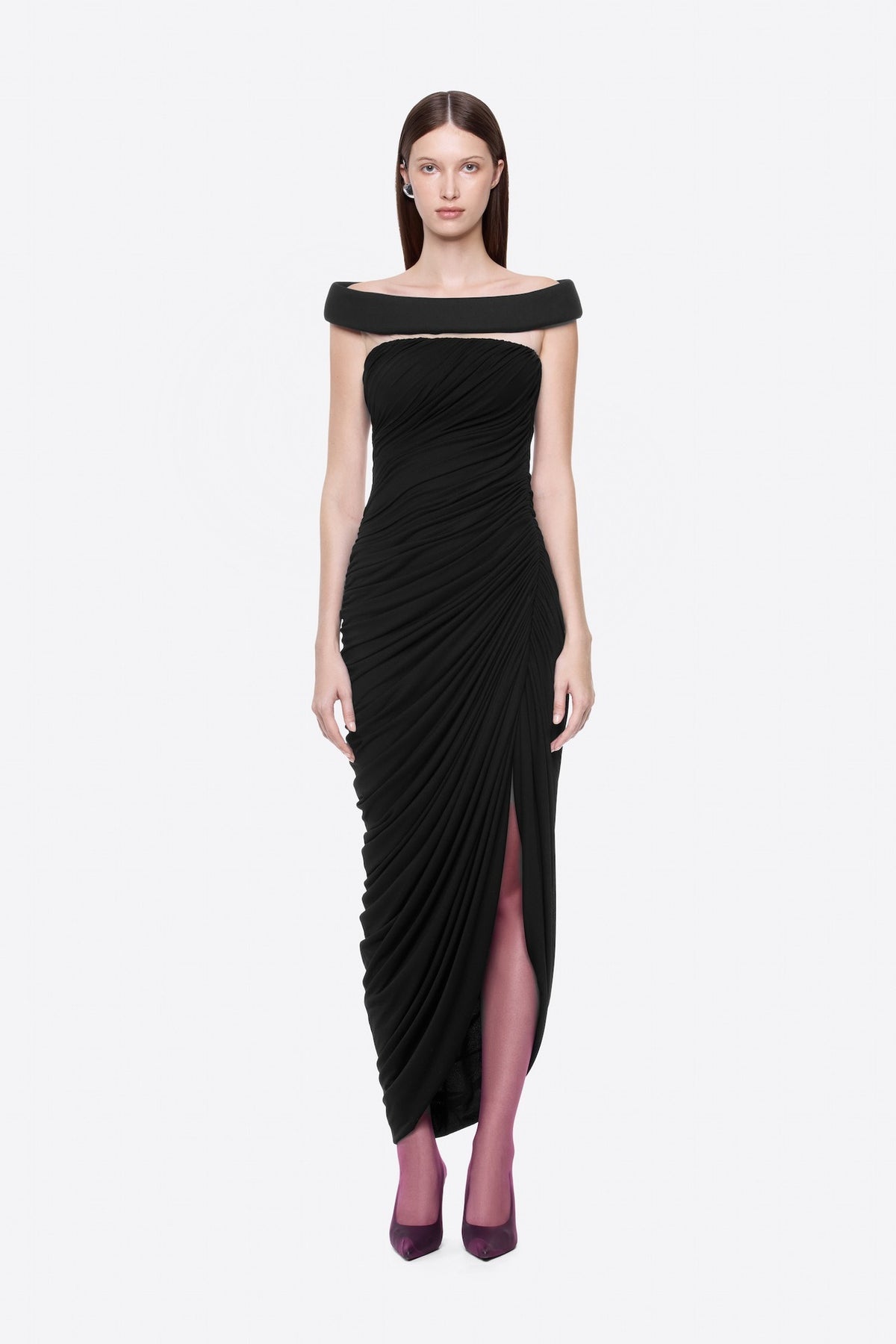 Cierra Off Shoulder Ruched Midi Dress In Black