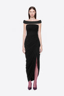 Cierra Off Shoulder Ruched Midi Dress In Black