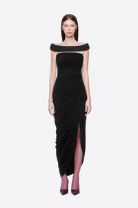 Cierra Off Shoulder Ruched Midi Dress In Black