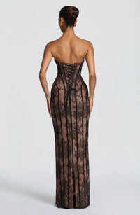 Vazrik Black Floral Lace Corset Maxi Dress