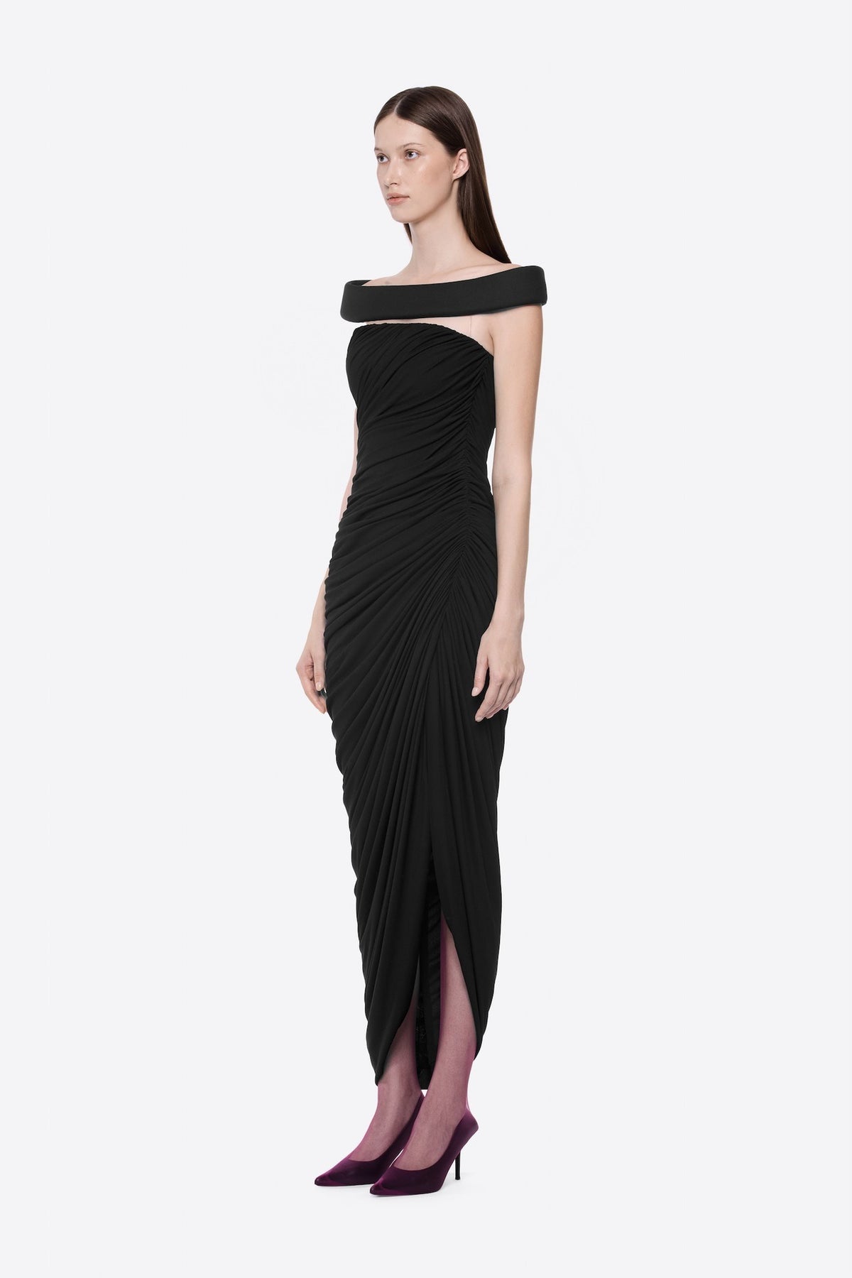 Cierra Off Shoulder Ruched Midi Dress In Black