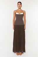 Kazra Strapless Pleated A Line Maxi Dress In Brown
