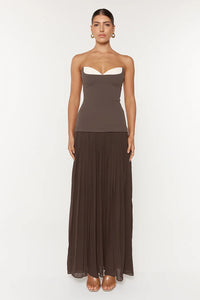 Kazra Strapless Pleated A Line Maxi Dress In Brown