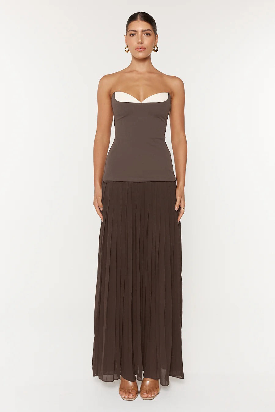 Kazra Strapless Pleated A Line Maxi Dress In Brown