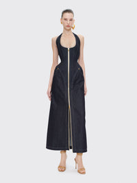 Fyriael Halter Structured A Line Maxi Denim Dress