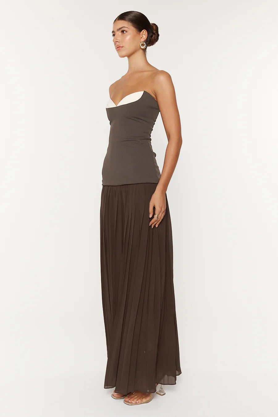 Kazra Strapless Pleated A Line Maxi Dress In Brown