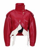 Amsvek Red High Neck Aysmmetrical Oversized Jacket