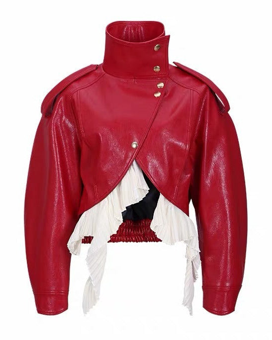 Amsvek Red High Neck Aysmmetrical Oversized Jacket
