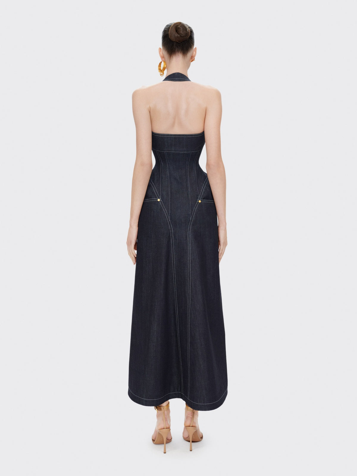 Fyriael Halter Structured A Line Maxi Denim Dress