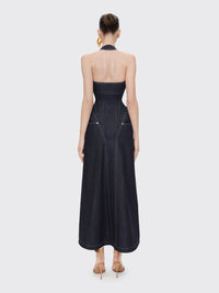 Fyriael Halter Structured A Line Maxi Denim Dress