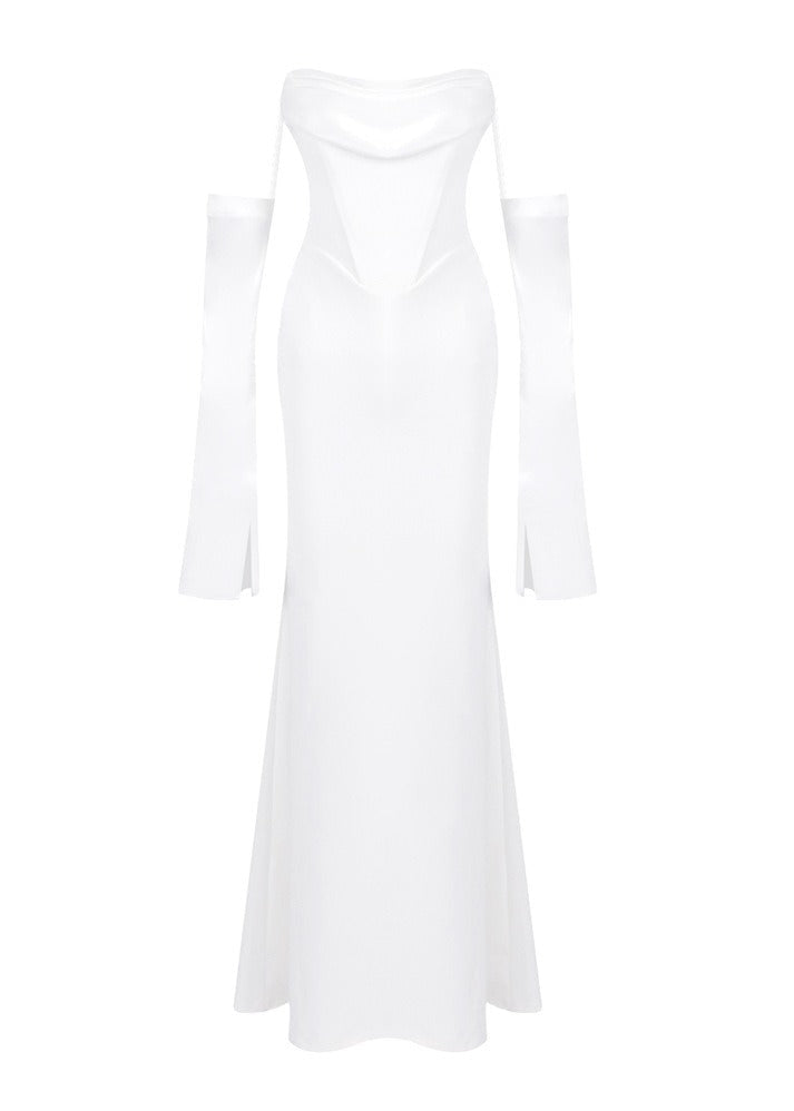 Radka Long Sleeve Strapless Draped Maxi Dress In White