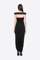 Cierra Off Shoulder Ruched Midi Dress In Black