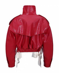 Amsvek Red High Neck Aysmmetrical Oversized Jacket