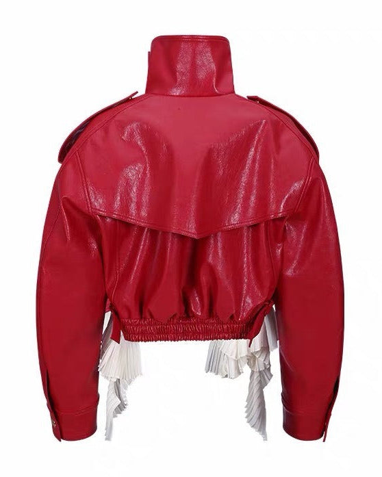 Amsvek Red High Neck Aysmmetrical Oversized Jacket