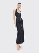 Fyriael Halter Structured A Line Maxi Denim Dress
