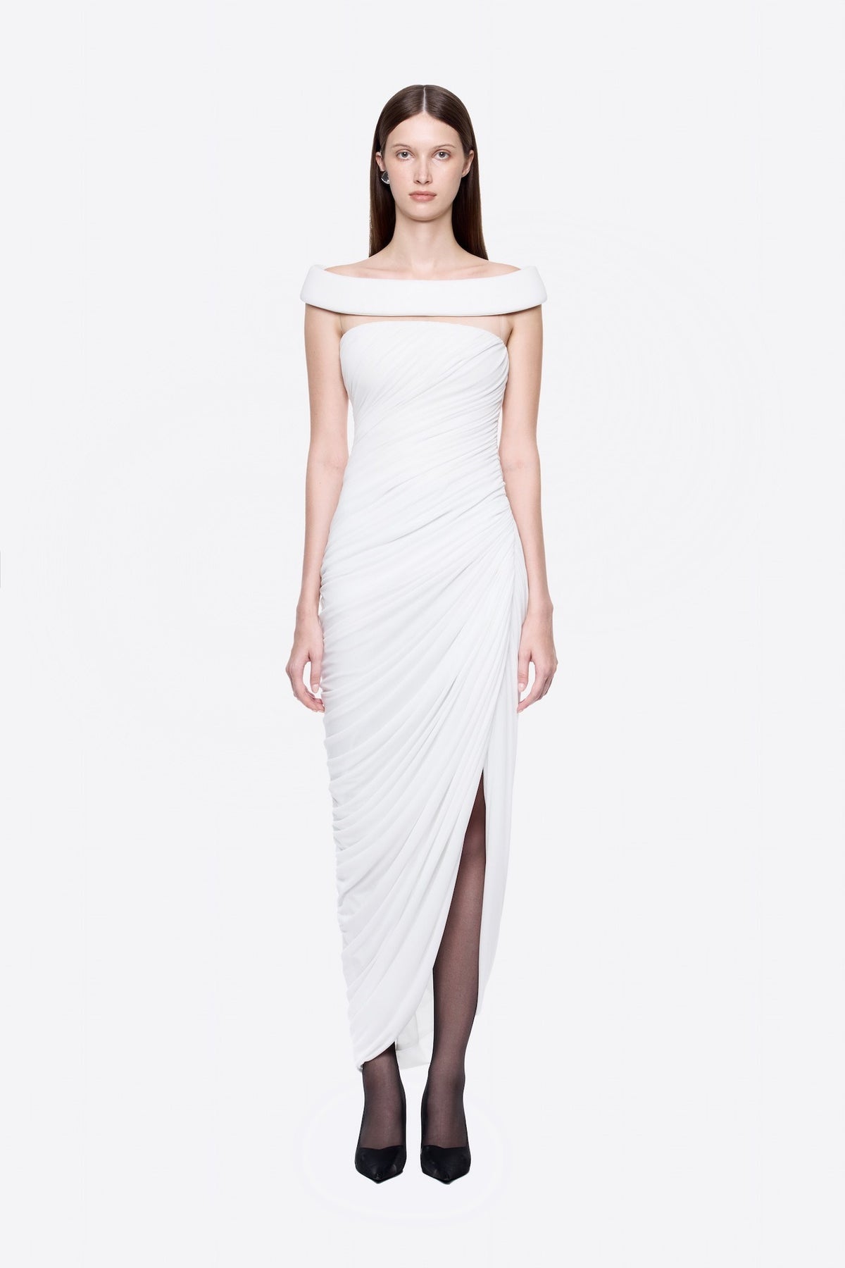 Cierra Off Shoulder Ruched Midi Dress In White