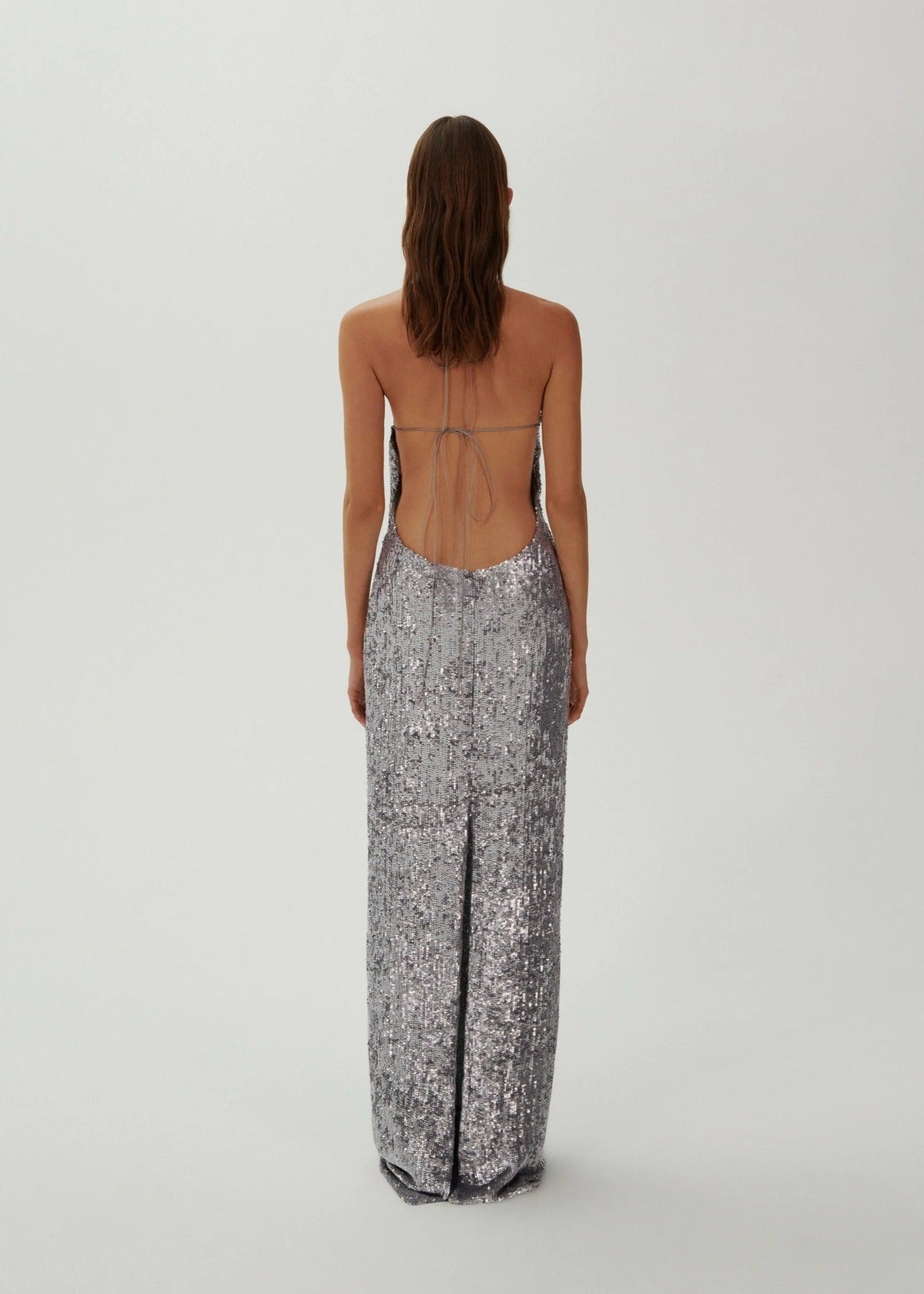 Devrim Floral-Appliqué Sequin Maxi Dress In Silver