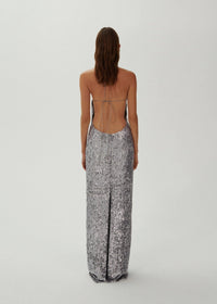 Devrim Floral-Appliqué Sequin Maxi Dress In Silver