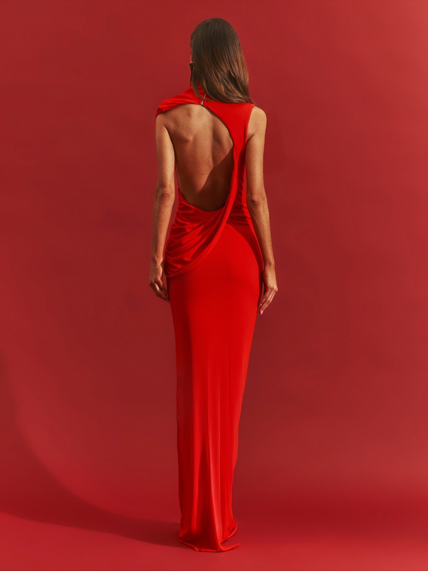 Fraziline Draped Backless Maxi Dress In Red