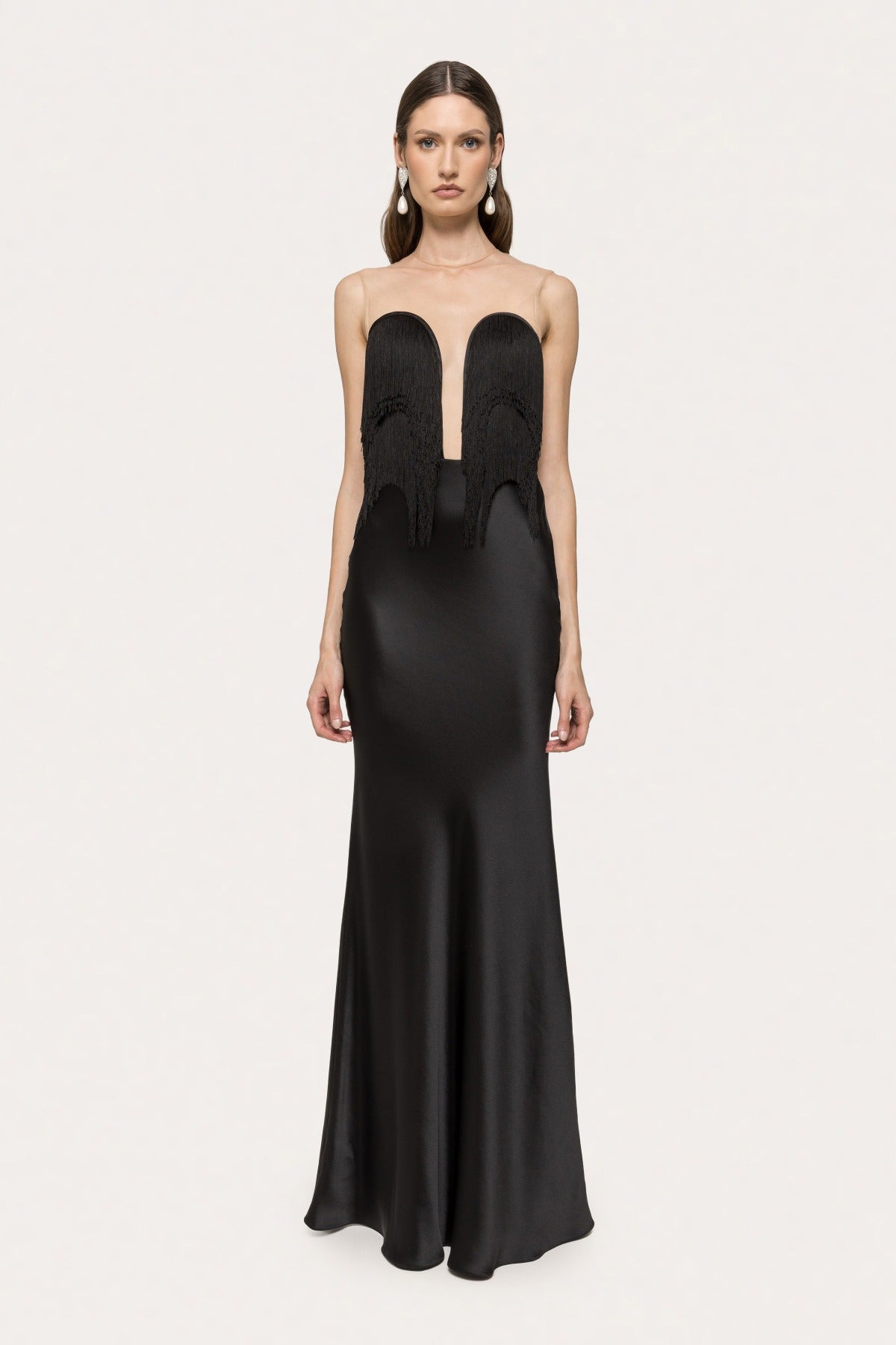 Wendy Mesh Insert Tassel Bustier Maxi Dress In Black