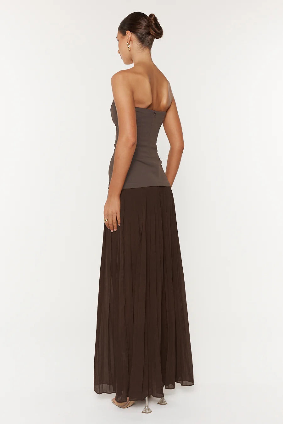 Kazra Strapless Pleated A Line Maxi Dress In Brown